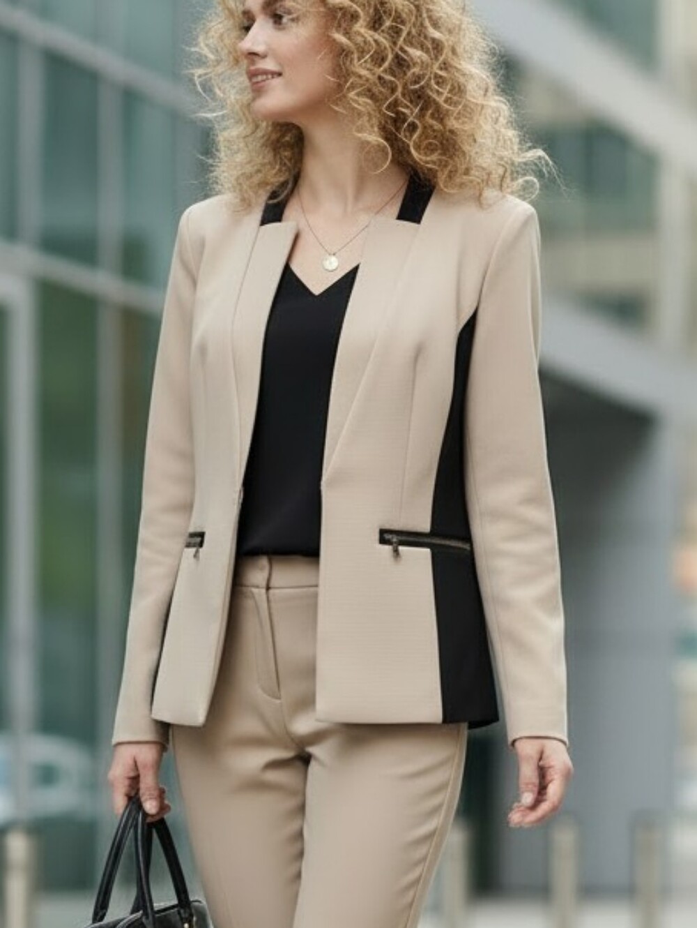 XOXO Beige and Black Blazer Jacket Women's Size M Fitted Classic Classy